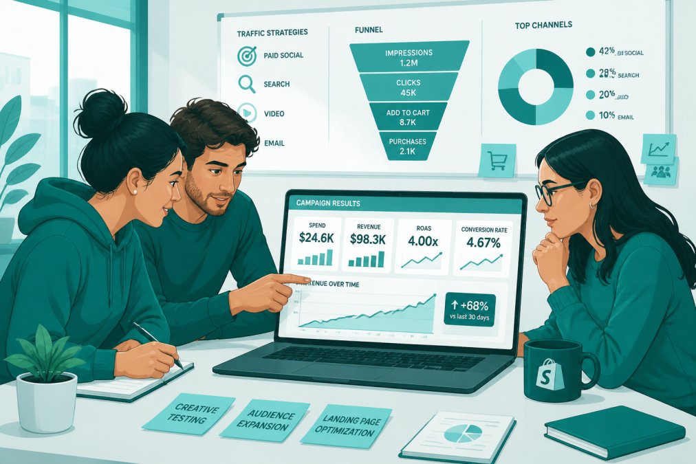 A small DTC brand marketing team of three people collaborating around a laptop showing ad campaign results, with sticky notes and a whiteboard visible in the background, bright natural light from a window
