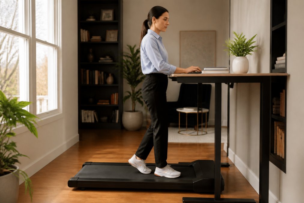 Professional demonstrating proper posture while working at a desk with a compact walking pad underneath, typing on keyboard with focused attention in a bright home office with natural window lighting