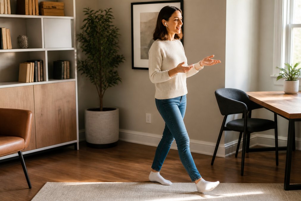 Professional on a video call while pacing around a home office space, holding wireless earbuds, demonstrating active engagement with relaxed posture and natural office lighting