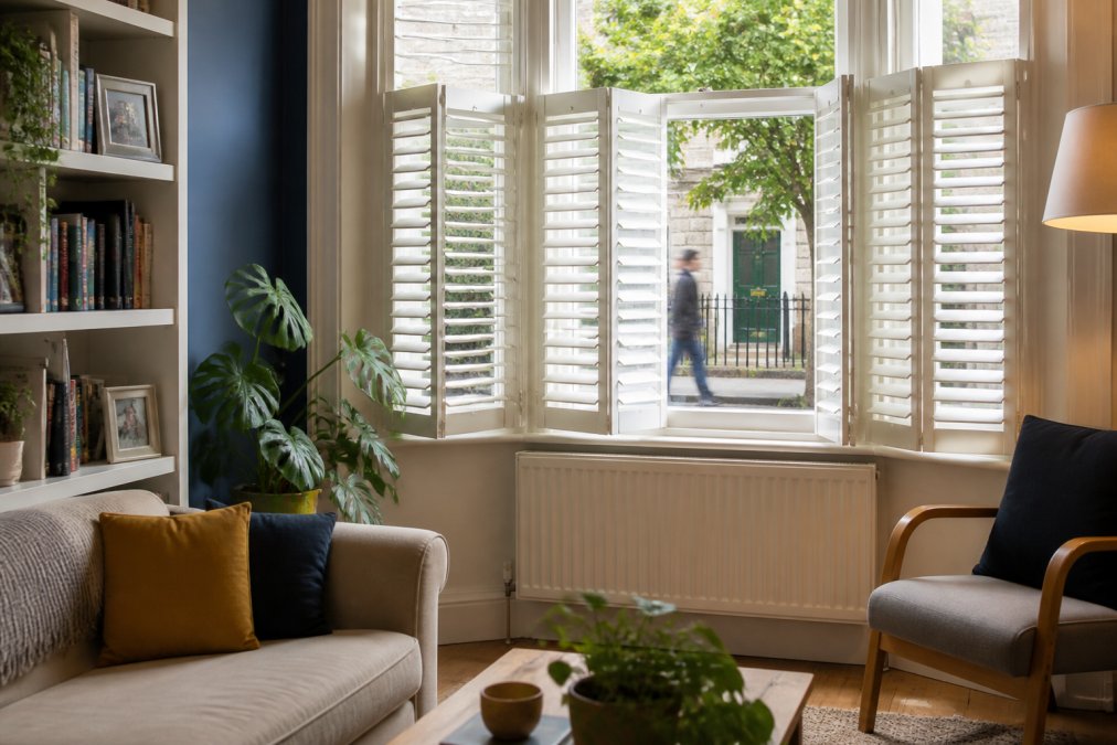 A bright living room in a period property with white plantation shutters fitted on a ground floor window, partially open to let in light while a passer-by is blurred outside