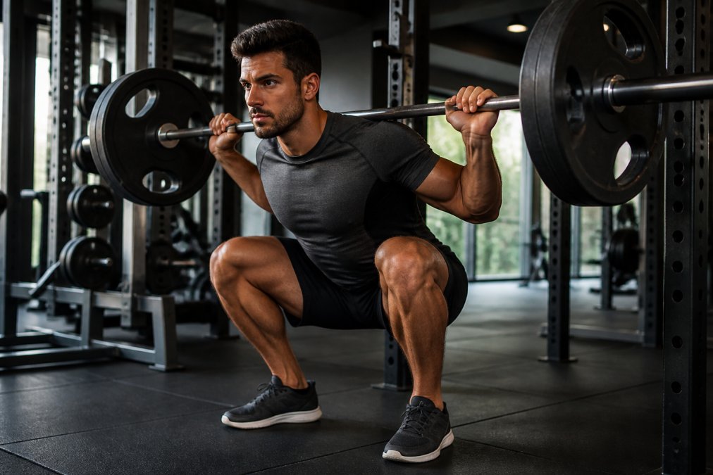 A focused athlete performing a slow, controlled barbell squat in a well-lit commercial gym, with visible muscle engagement and deliberate, controlled descent