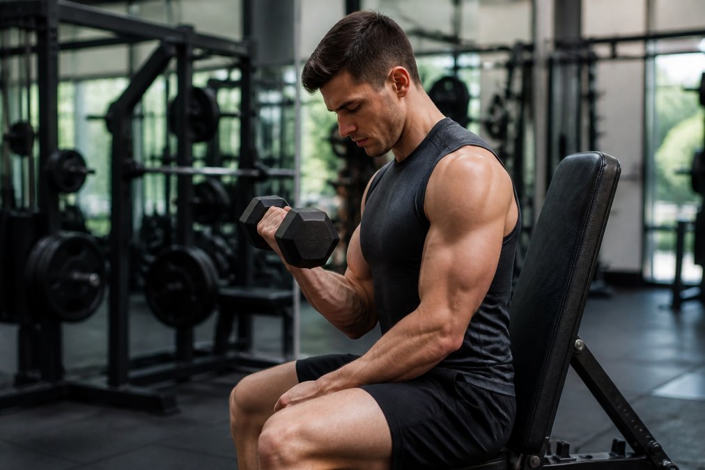 A focused athlete performing a slow, controlled dumbbell curl with visible muscle engagement in a well-lit gym, demonstrating deliberate repetition tempo