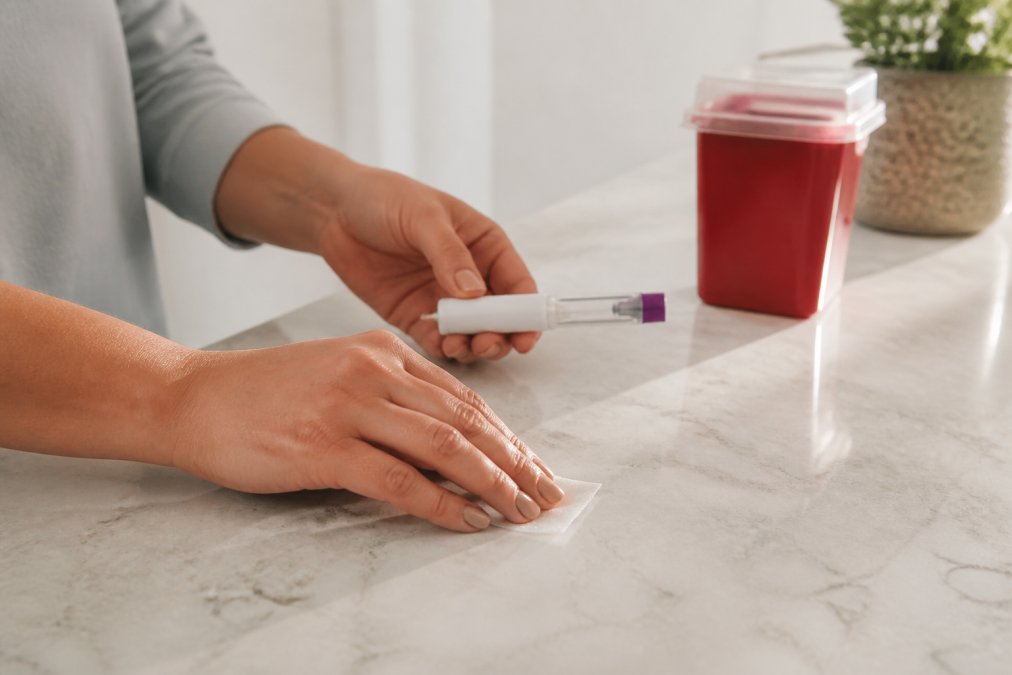 Close-up of hands cleaning a kitchen countertop with an alcohol swab, a tirzepatide injection pen and a small sharps container visible in the background under bright natural light