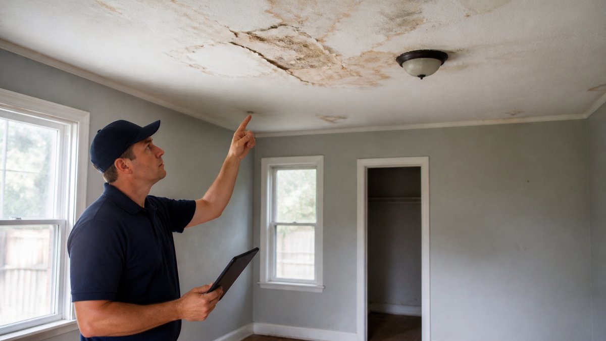 Professional inspector examining water stains and ceiling damage in an empty residential room with natural daylight streaming through windows