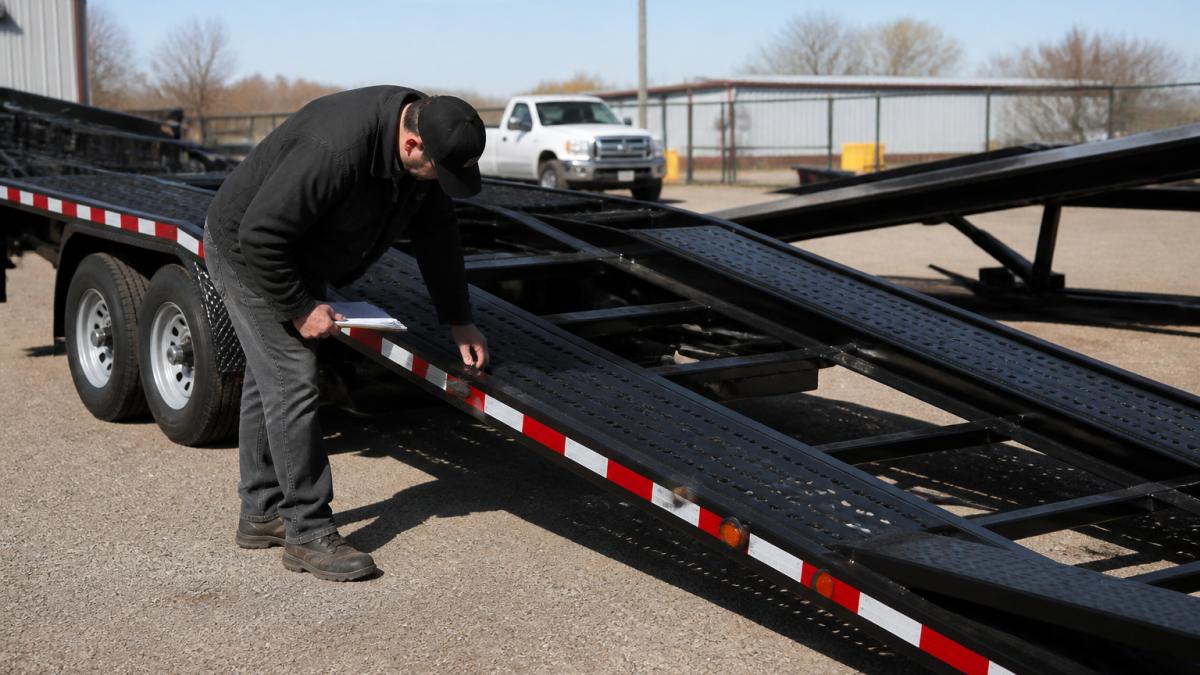 Professional inspector performing a systematic walk-around inspection of a car hauler trailer, checking the frame and exterior condition in daylight at a rental lot