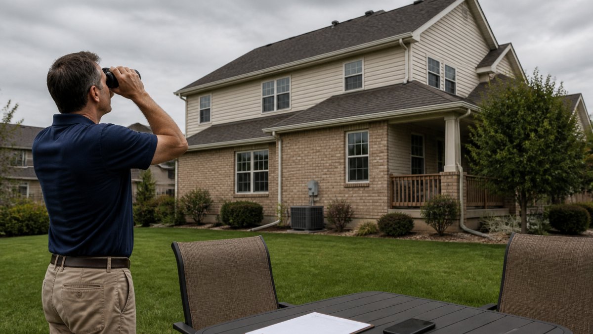 A homeowner standing safely on a green lawn, using binoculars to look up at the roof of a two-story suburban house after a storm, with a clipboard and smartphone on a nearby patio table, overcast sky