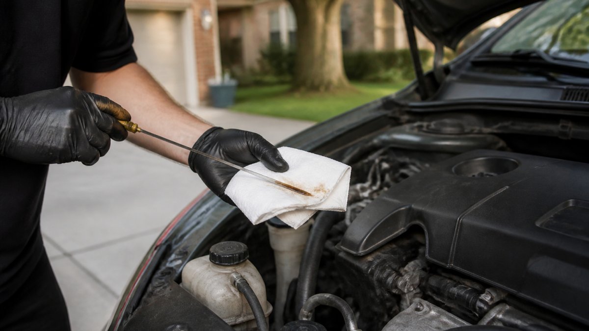 Close-up of a person pulling the oil dipstick from a car engine bay in a driveway, checking the oil level and color on a white rag, daylight