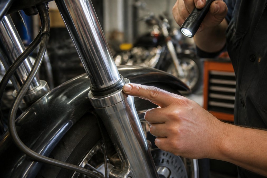 Hands using a flashlight to inspect a used motorcycle fork seal for signs of leaking oil in a garage.