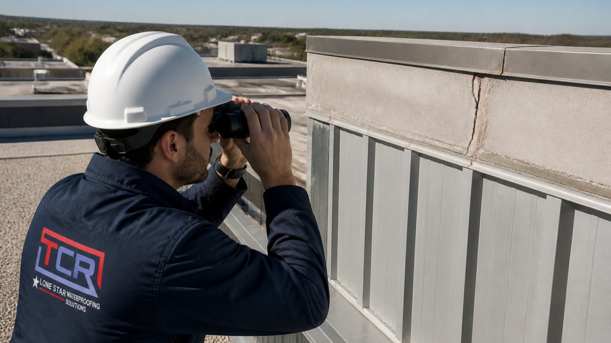 Professional inspector examining roof edge and wall junction with binoculars, checking for visible cracks, gaps, and weathered caulking on commercial building exterior in daylight