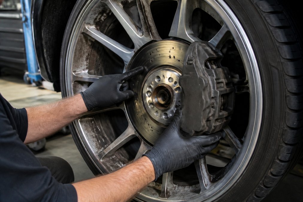Professional mechanic's hands inspecting a brake rotor and caliper assembly on a European luxury vehicle, showing rotor surface detail and accumulated brake dust on the wheel rim in a well-lit garage
