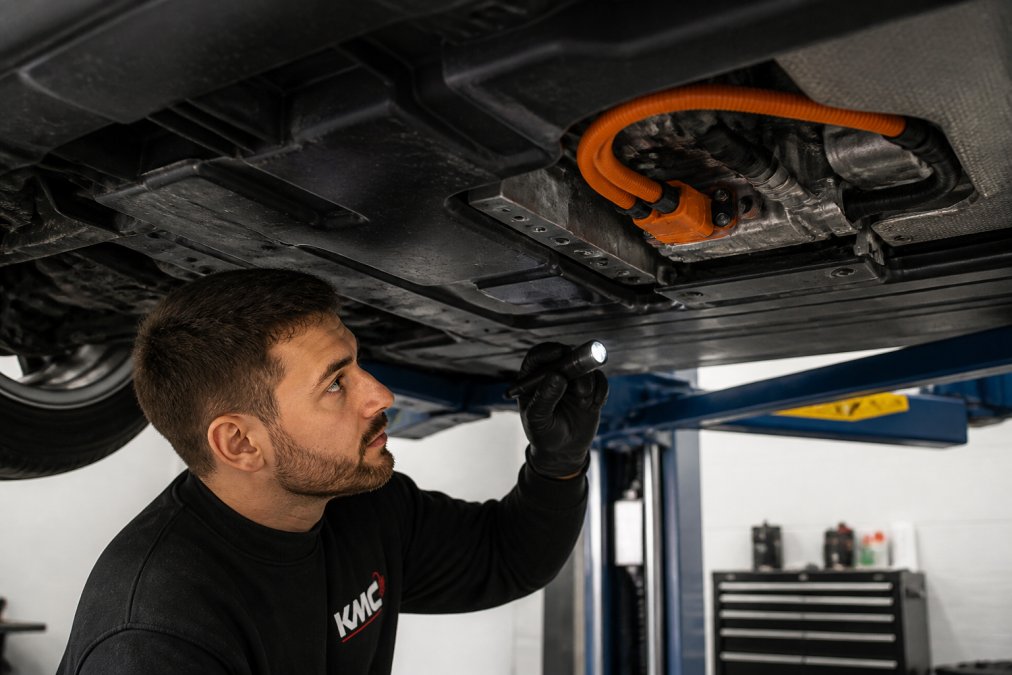 Technician inspecting electric vehicle battery housing and charging connections underneath vehicle, examining metal casing for damage and corrosion in bright workshop lighting