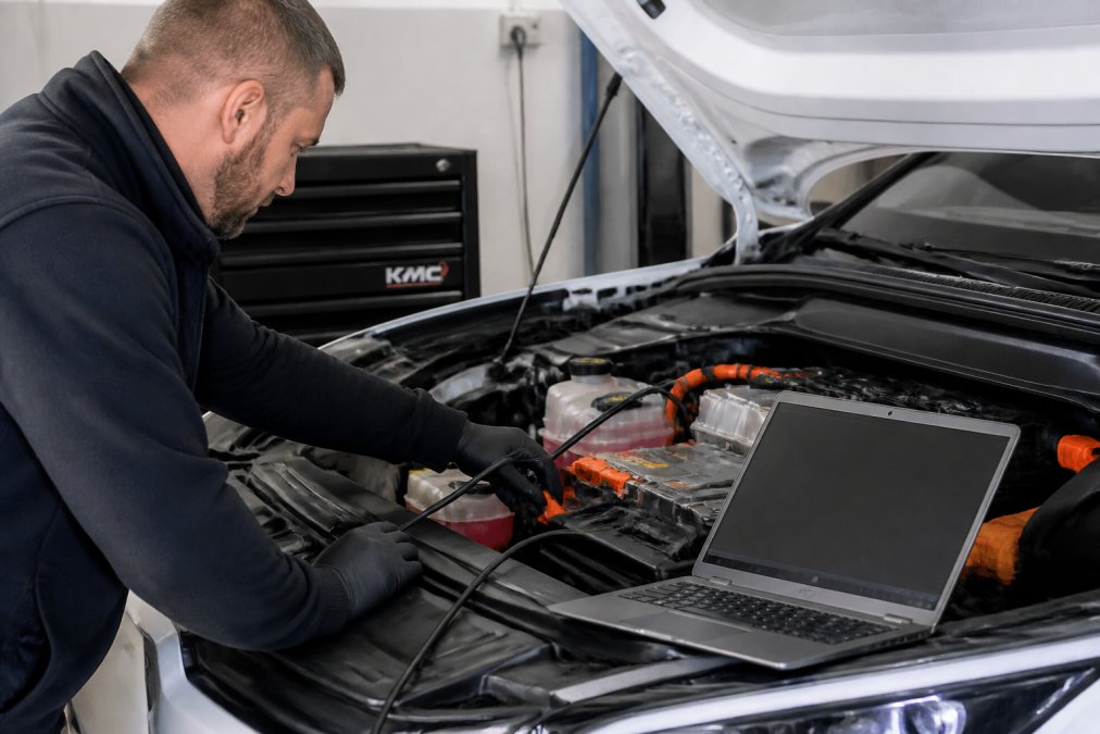 Mechanic connecting diagnostic scanner to electric vehicle's battery management system computer port with laptop displaying real-time battery data in modern workshop