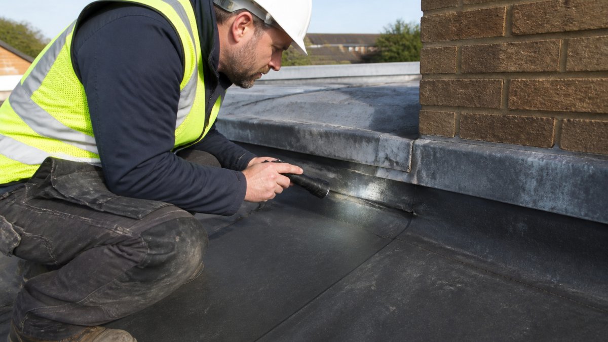 Professional roofer carefully examining flat roof flashing junction with torch, checking sealant condition and gaps between lead flashing and dark EPDM membrane in bright daylight