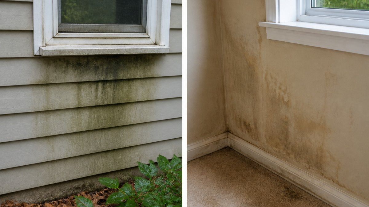 Exterior stain under a window near an interior wall leak to inspect house siding for water damage signs.