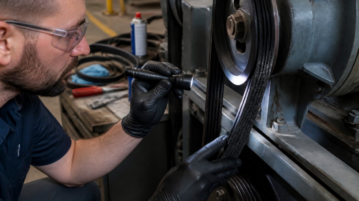 Technician using a flashlight to inspect an industrial V-belt for cracks and signs of wear during maintenance.