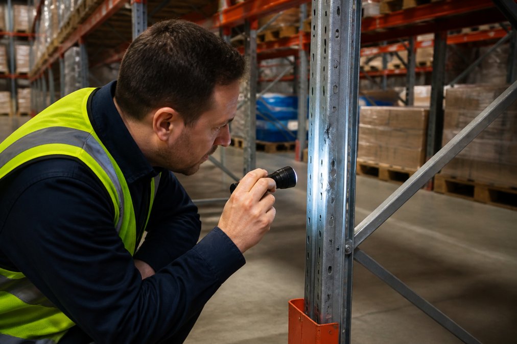 A warehouse operative in high-visibility clothing using a torch to closely examine the upright frame of a pallet racking system for dents or bends