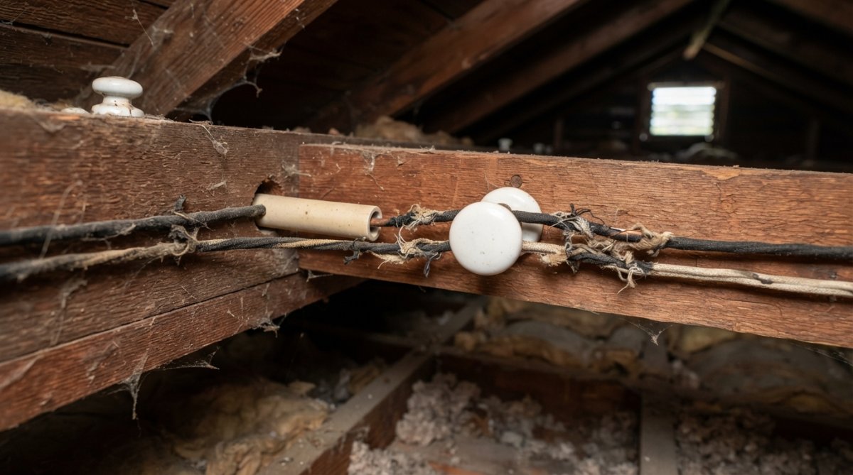 Close-up of exposed knob and tube wiring in an attic showing ceramic knobs, porcelain tubes, copper conductors, and deteriorated cloth insulation against wooden framing with natural overhead light