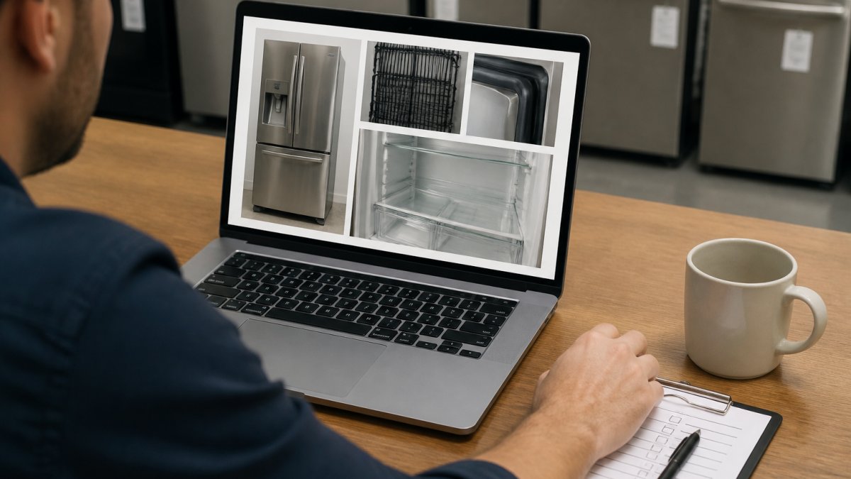 A person reviewing a laptop screen showing an open-box refrigerator listing with close-up photos of the condenser coils, door gasket, and interior shelves, with a printed checklist and pen on the desk