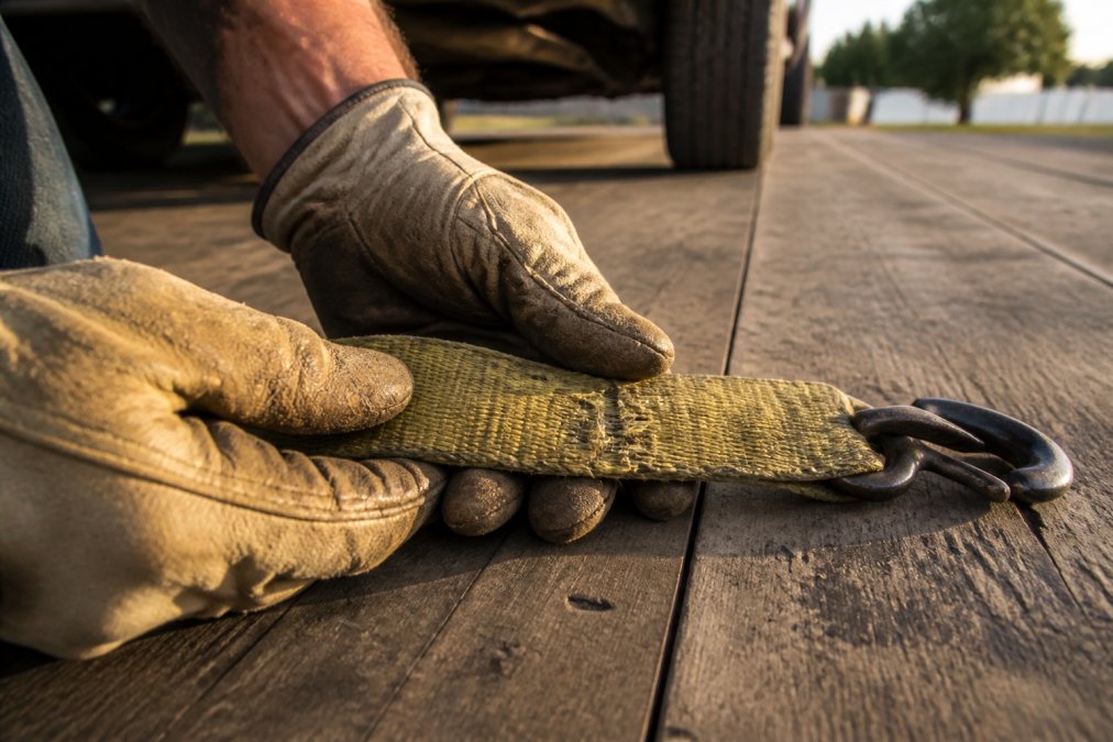 Close-up of hands wearing work gloves running along frayed tie-down webbing near the hook end, showing broken fibers and a visible cut, late afternoon light on a trailer deck