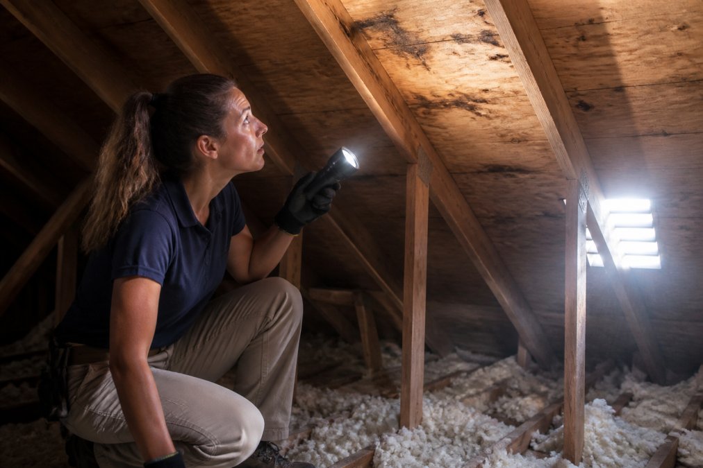 Homeowner in safety gear using a flashlight to inspect roof sheathing and water stains in an attic