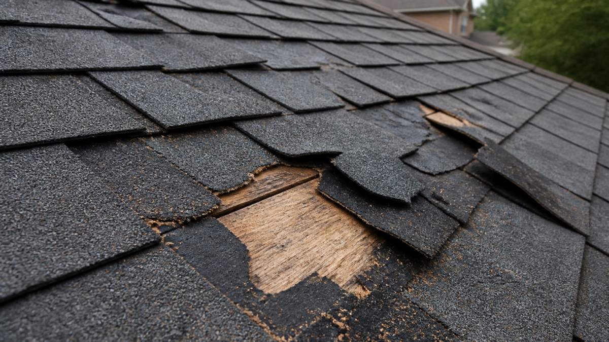 Infographic checklist showing how to inspect roof for storm damage by identifying missing shingles and granule loss.