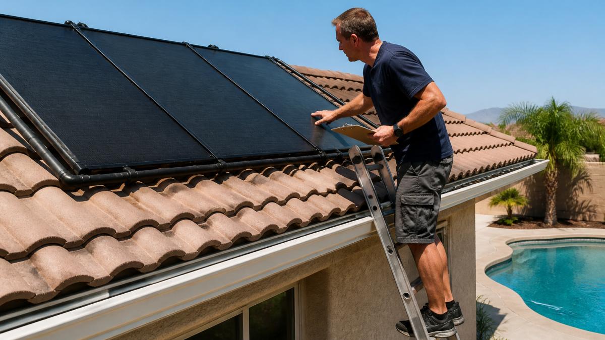 A homeowner on a ladder at the edge of a low roof, carefully examining a row of black solar pool heating panels under bright sunlight, with a clipboard in hand and pool visible below