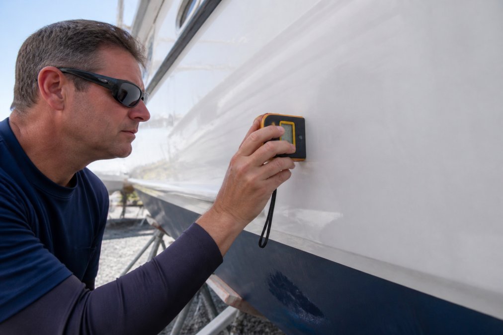 A marine surveyor pressing a moisture meter against the fiberglass hull of a sportfish yacht in a boatyard, close-up on the tool's display and the gelcoat surface