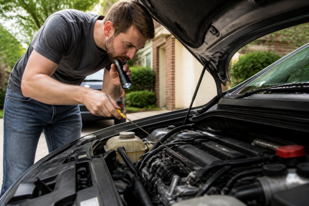 A person in casual clothes leaning over an open car hood in a driveway, holding a flashlight and pointing at the engine block while checking oil levels with a dipstick