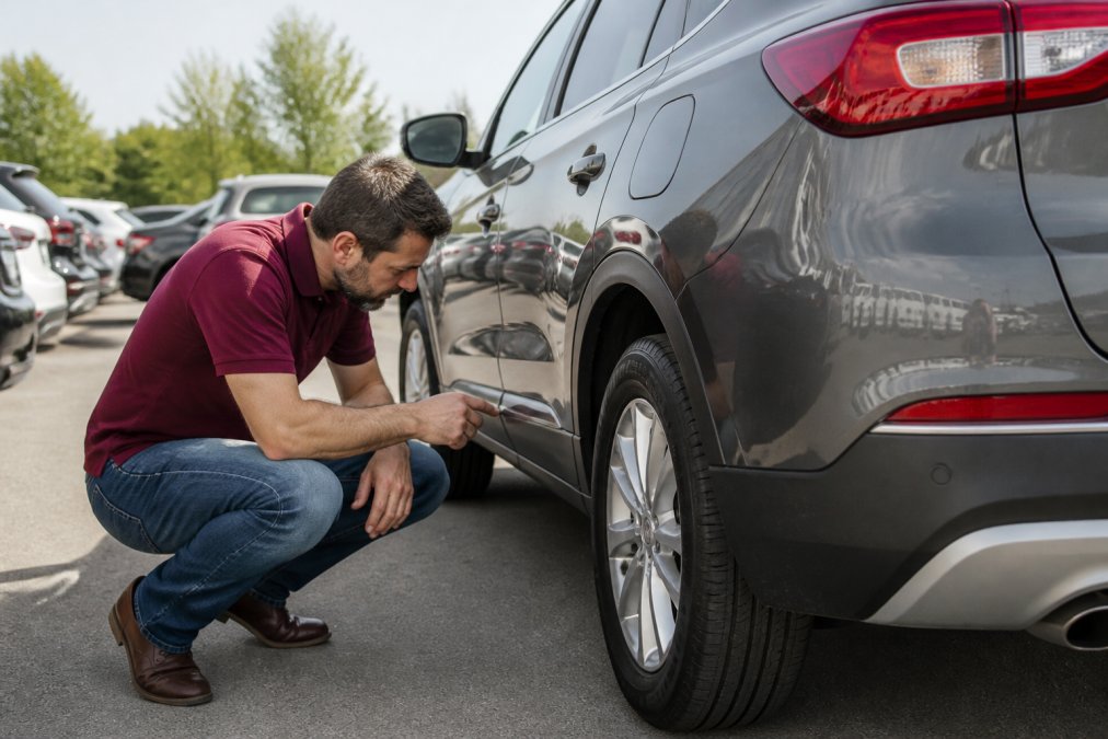 A person crouching beside a used SUV in a dealership lot, examining the lower body panel and wheel well area with focused attention in bright afternoon light