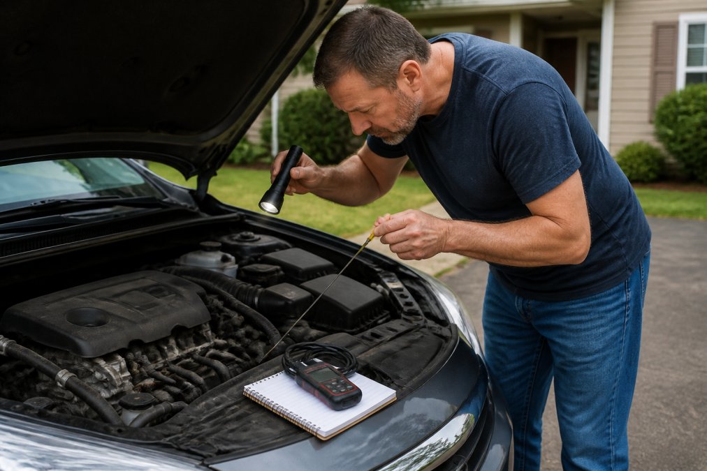 Person using a flashlight to inspect used cars by checking the oil dipstick and engine components under the hood.