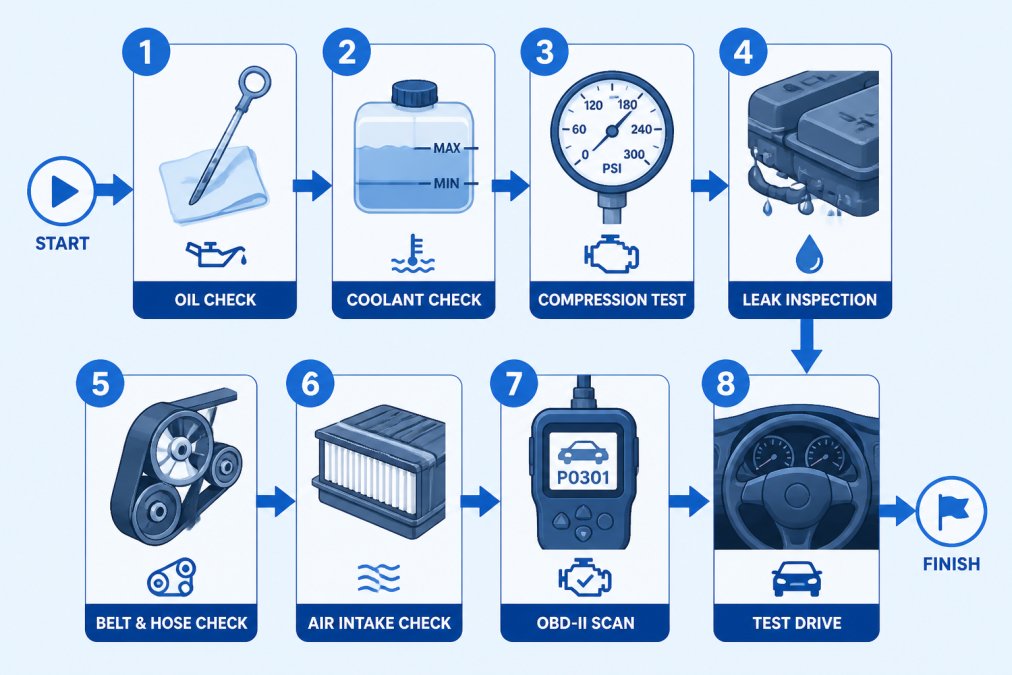 Flowchart showing the 8-step pre-purchase engine inspection process, from cold-start oil check through OBD-II scan to test drive
