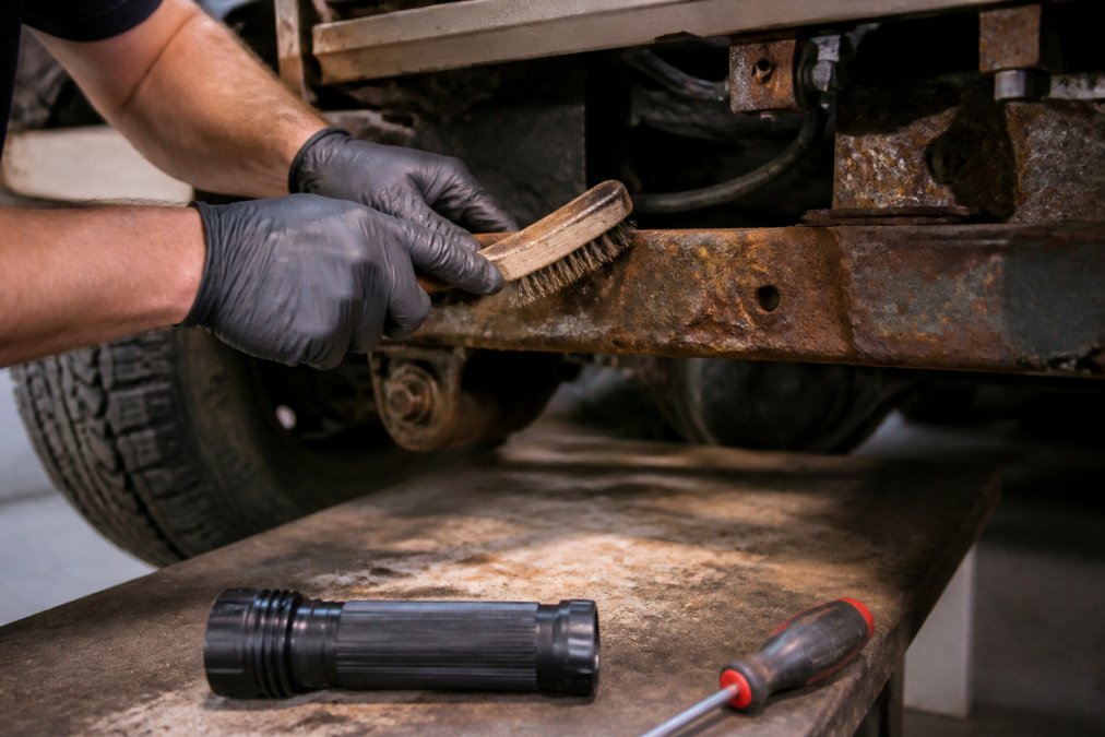 Mechanic's hands using wire brush to inspect golf cart frame for rust corrosion, with flashlight and screwdriver visible on workbench beside the cart
