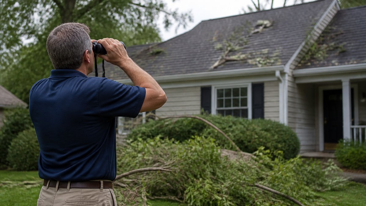 A homeowner standing in their yard, looking up at their roof with binoculars after a storm, with fallen branches and debris visible on the ground nearby