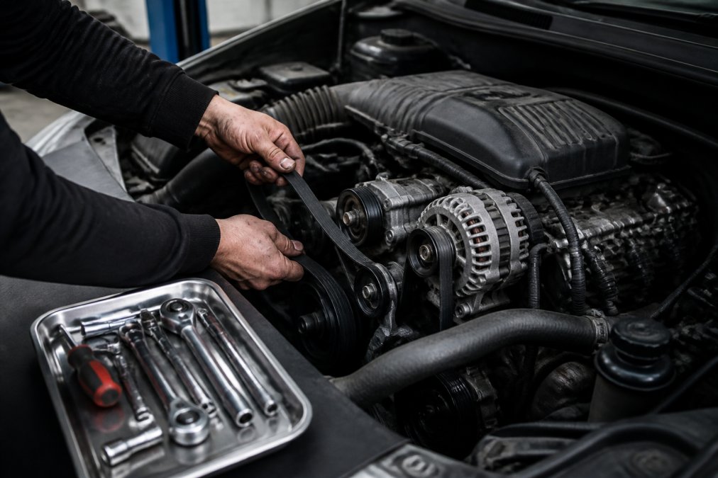Mechanic's hands removing a serpentine belt from an engine with automatic tensioner visible, engine bay well-lit with socket wrenches and tools organized on a magnetic tray nearby