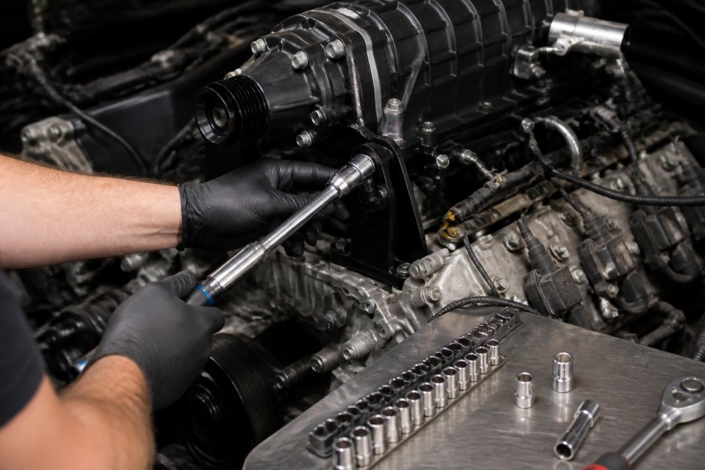 Close-up of mounting brackets aligned to factory engine mounting points with a calibrated torque wrench tightening fasteners, metric socket set visible on workbench