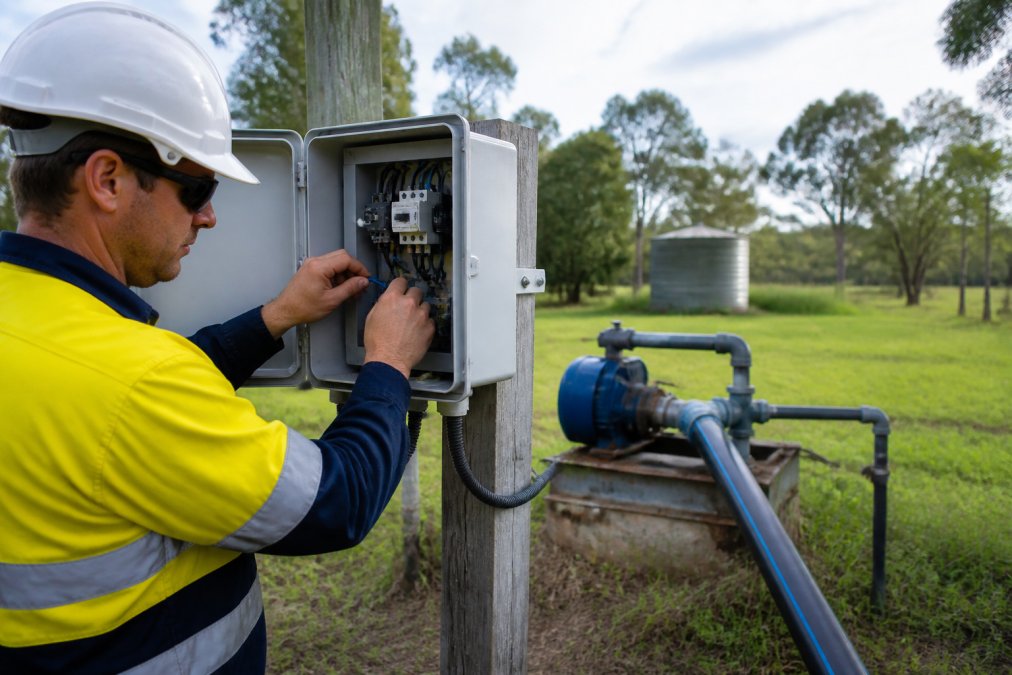 A licensed electrician in safety gear wiring a control box on a rural property, with a bore pump and poly pipe visible in the background