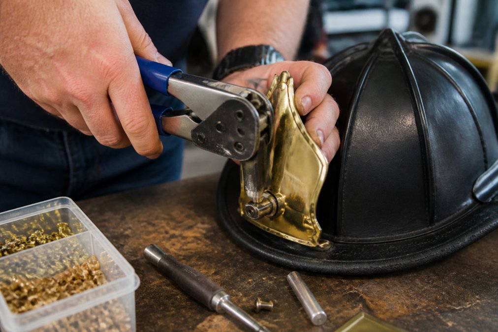 Close-up of a firefighter's hands using a rivet squeezer to attach a polished brass front holder to a black leather fire helmet on a workbench