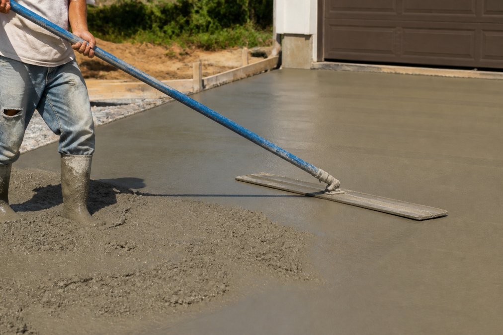 Worker using a bull float to smooth freshly poured concrete on a driveway surface, showing proper technique and tool positioning in bright daylight