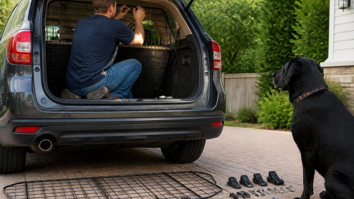 A person kneeling in the open cargo area of an SUV, attaching a metal wire dog barrier behind the rear seats with mounting brackets, dog watching from the driveway