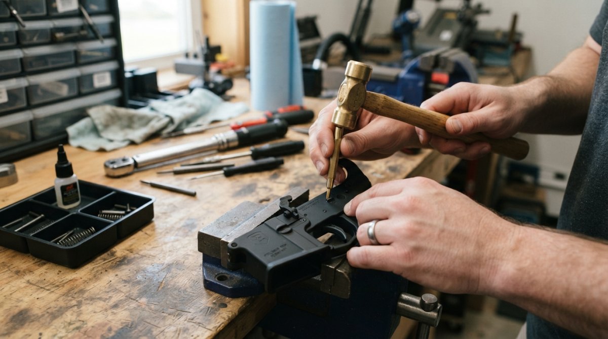 Using a brass punch and hammer to seat a drop-in trigger kit into a lower receiver on a workbench