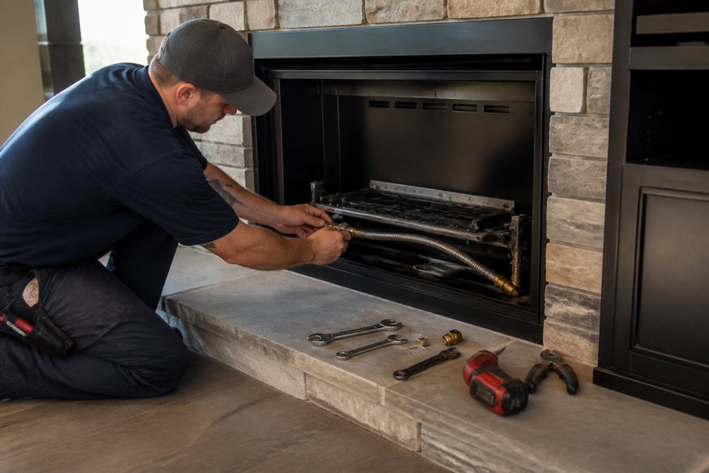 A certified technician in work clothes kneeling beside an open gas fireplace firebox, carefully connecting a flexible gas supply line with professional tools laid out on the stone hearth nearby, warm workshop lighting illuminating the work area