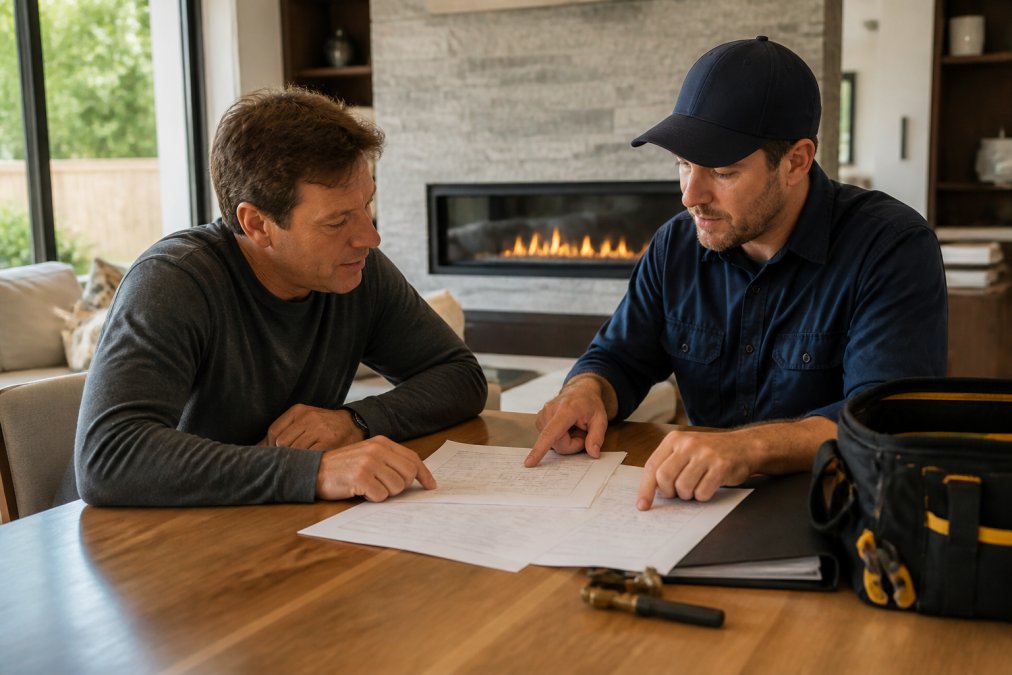 A homeowner and a licensed gas technician reviewing printed installation documents together at a kitchen table in a modern living room, with a newly installed gas fireplace visible in the background, natural daylight from a nearby window