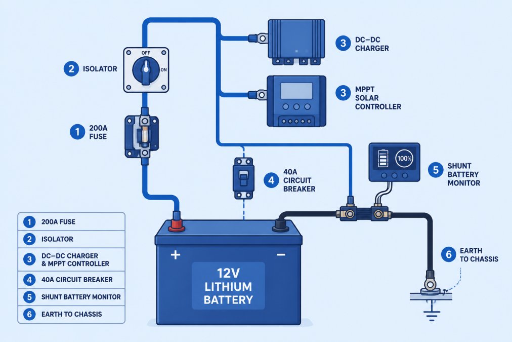 Wiring diagram showing a 12V lithium campervan battery installation sequence: battery positive terminal to 200A main fuse, then to battery isolator, then to DC-to-DC charger and MPPT solar charge controller, with negative terminal grounded to vehicle chassis via dedicated earth cable, plus 40A circuit breaker and shunt-based battery monitor
