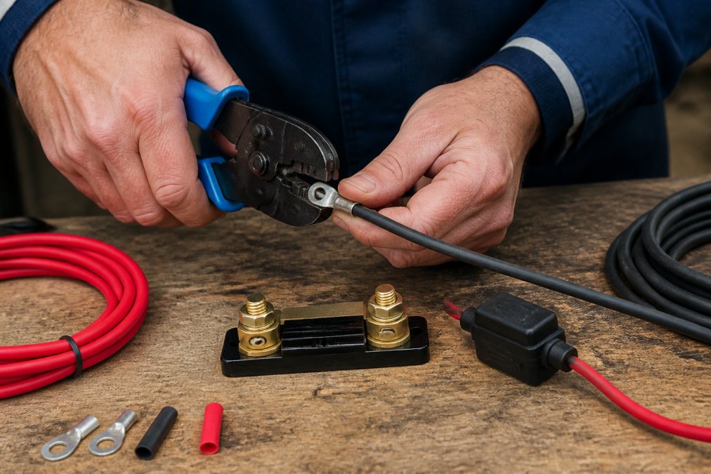 Technician's hands carefully crimping terminal lugs onto marine-grade wire, with a shunt and inline fuse holder visible on a wooden workbench, bright workshop lighting