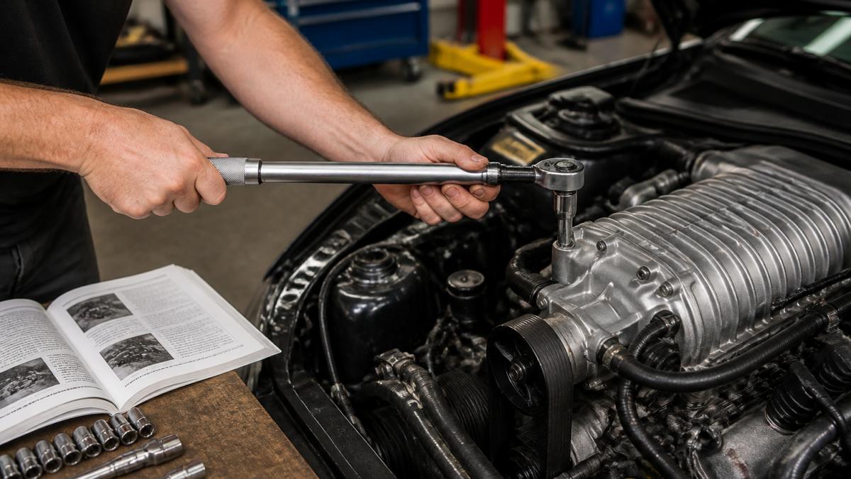 Mechanic using a torque wrench to tighten a bolt on a performance vehicle engine in a garage