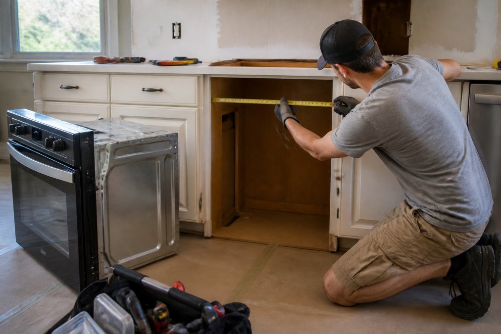 Homeowner in work gloves measuring cabinet cutout width with tape measure beside a pulled-out old oven, kitchen under renovation with natural daylight