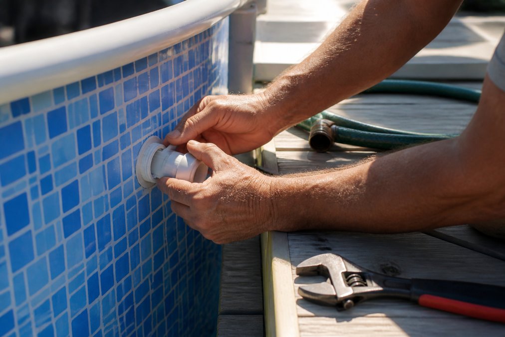 Close-up of a homeowner's hands threading a plastic fountain adapter into a pool return jet fitting on the inside wall of an above-ground pool, with a garden hose and wrench resting on the pool deck nearby in bright afternoon sunlight