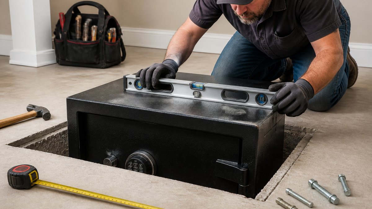 Professional uses a digital level to ensure proper alignment when learning how to install a residential floor safe.
