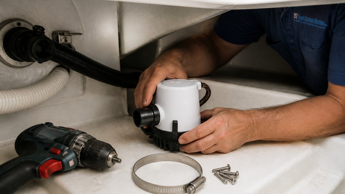 Hands installing a compact electric bilge pump onto a fiberglass engine floor using a drill and hose clamp