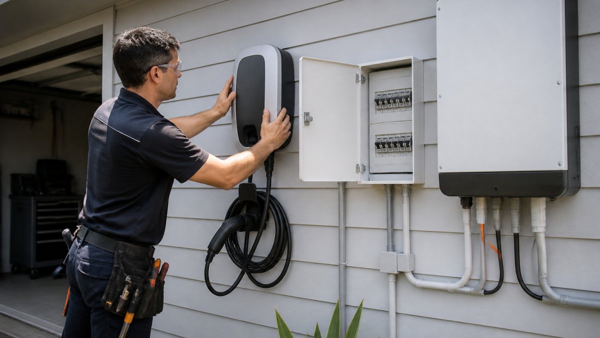 Electrician installing a wall-mounted EV charger next to a solar inverter on a residential garage exterior.